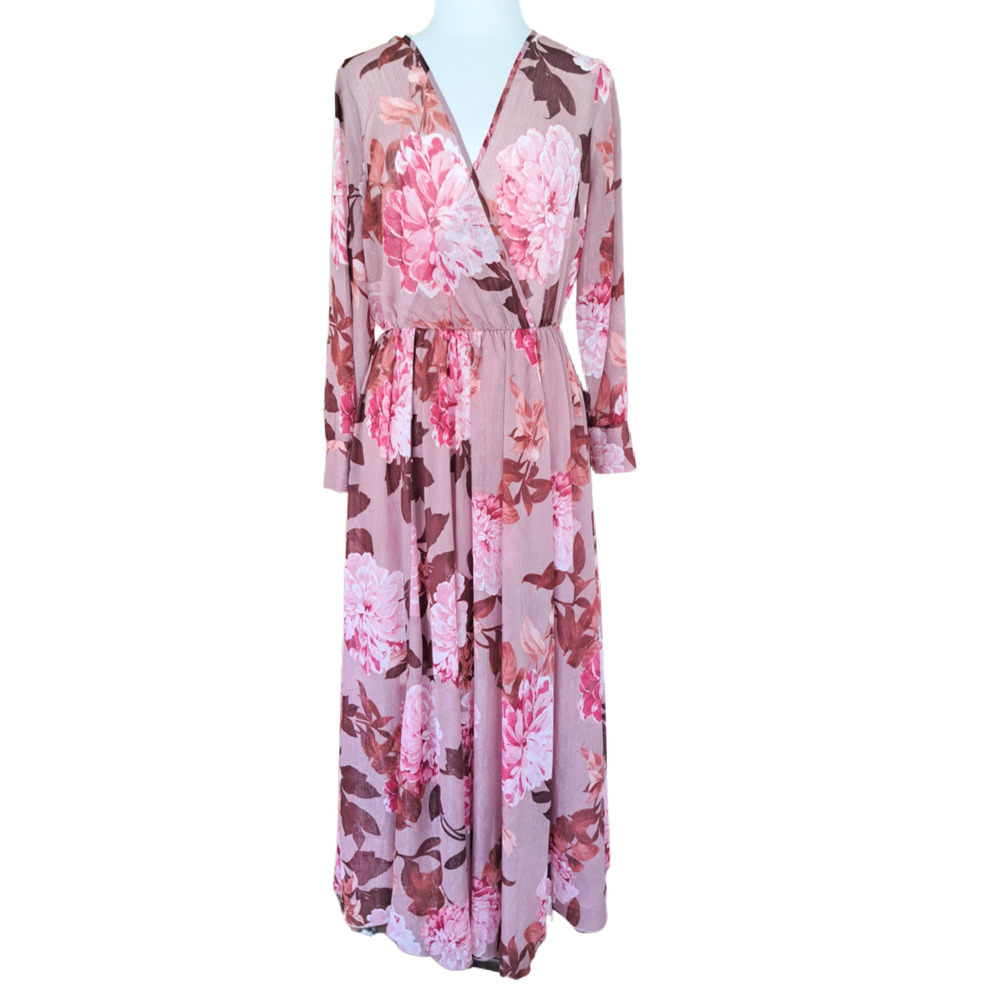 Alexa B Nites Pink Floral Maxi Dress Size 8 Long Sleeve Flowy Metallic